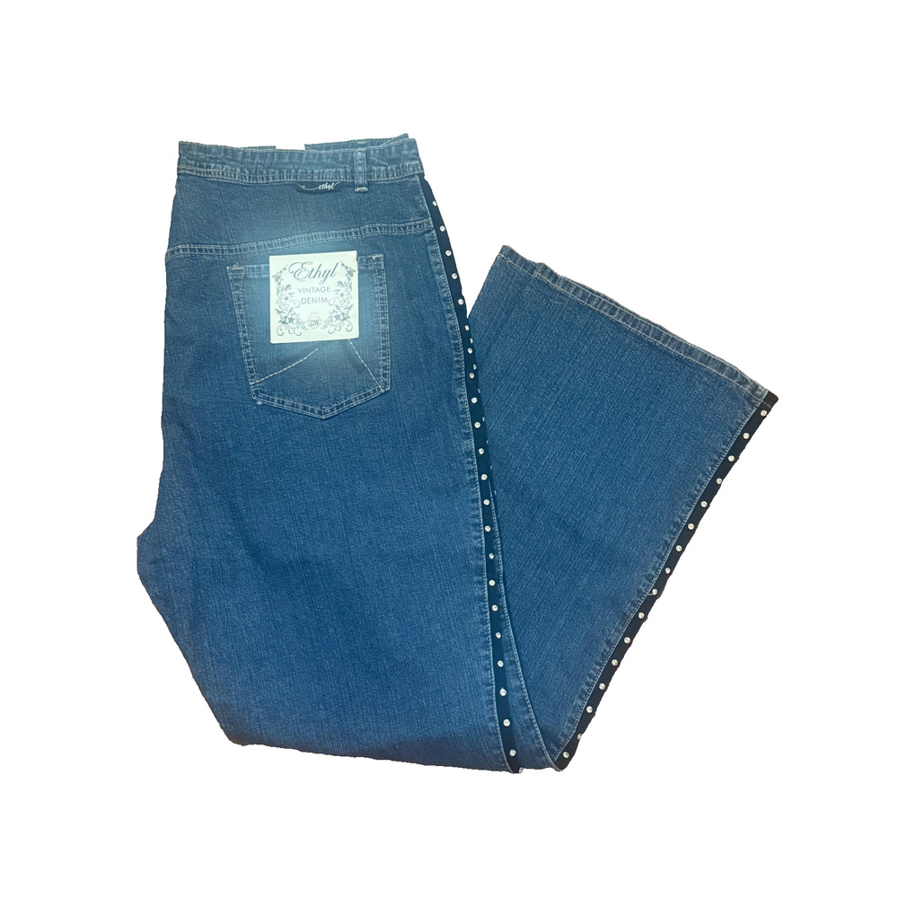Ethyl Vintage Blue Denim Jeans Black Side Rhinestone Glam Size 22 42 x 31 NEW